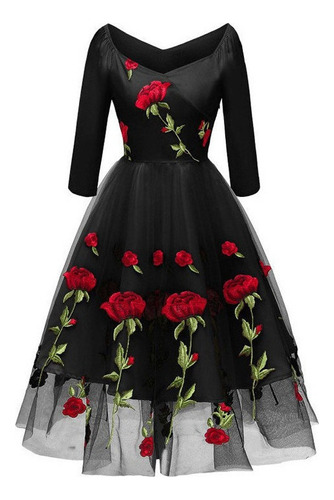 Vestido De Señoras De Rosa Bordado De Malla Negro