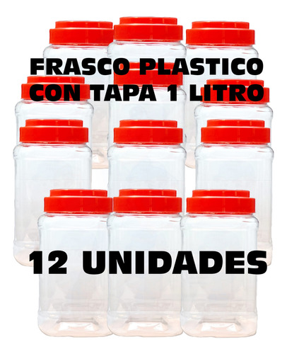 Contenedor Frasco Transparente Con Tapa 1 Lt Cuadrado 12 Un