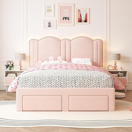 Base De Cama C/ Cajones Y Luces Led Enhomee Matrimonial Rosa