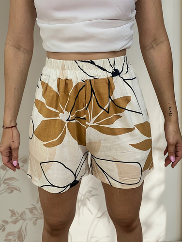 Short Lino Elastizado Estampadocon Bolsillos Largo Mujer