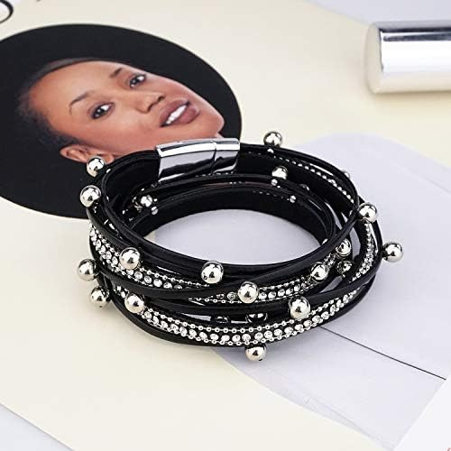 Brazalete De Cuero Multicapa Gleamart Con Cuentas Para Mujer