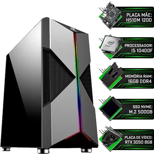 PC Gamer Intel Core i5 10400F / GeForce RTX 3050 8GB / Memória 8GB