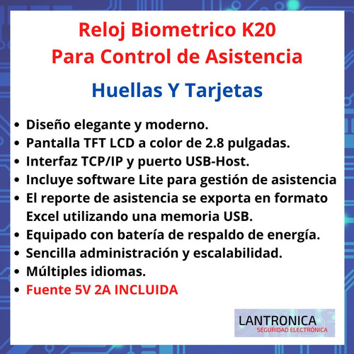 Imagen 2 de 10 de Reloj K20 Control Acceso Personal Huellas Tarjetas K20c