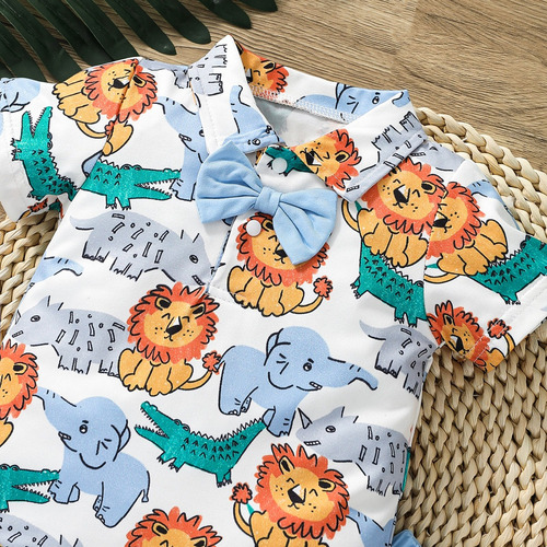 Conjunto Verano Para Bebé Con Moño Y Estampado De Animales Blanco 0-3 M