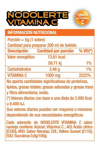 Nodolerte Vitamina C. Estuche X 10 Sobres. De Fabrica.