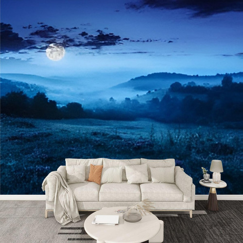 Papel Tapiz Pvc Para Pared Bosque Frio Montaña Luna 3d Sala