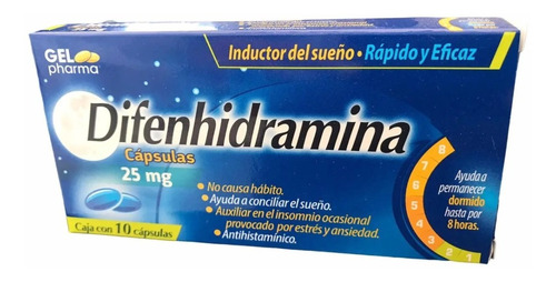 Difenhidramina 25mg C/10 Caps/ Auxiliar Insomnio / Gelpharma