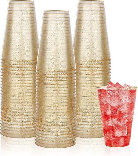 Vasos De Plástico Dorado Con Purpurina Paquete De 100  14 Oz
