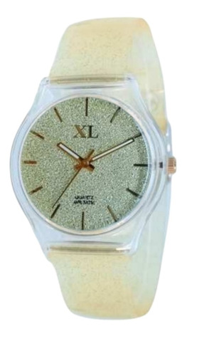 Reloj Mujer Xl Malla Transparente Con Glitters Dorado R2220