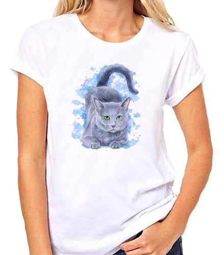 Remera De Mujer Gato Azul Ruso Retrato En Acuarela