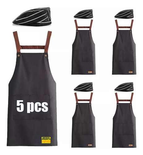 5 Delantal De Chef Impermeables Y 5 Gorros De Chef Ajustable