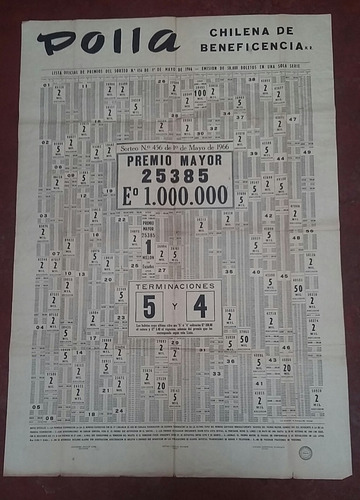 Afiche Polla Chilena Sorteo Numero 456 1ro. De Mayo Año 1966 (Usado)