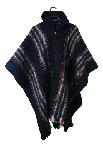 Poncho Artesanal De Alpaca Negro Lineas Con Diseño Eco