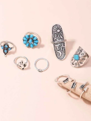 Set De 9 Anillos Con Diseño Hippie Chic Turquesa- Aleación