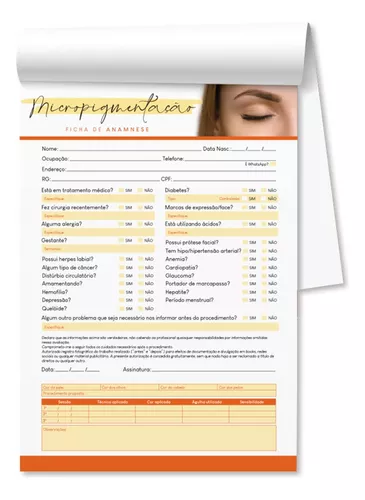 Ficha de Anamnese para Micropigmentação, Lash Lifting, 