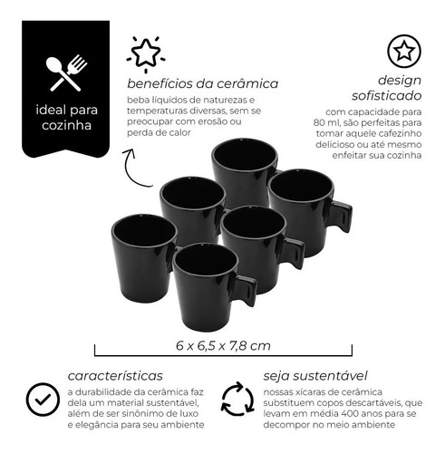 Imagem 3 de 8 de Conjunto Jogo 6 Mini Canecas Café Xícaras Cerâmica Black