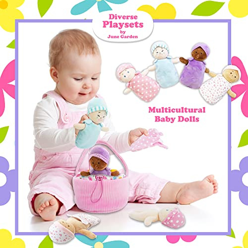 Juego De Muñecas De Peluche Con Cesta Y 4 Bebés Multicultura