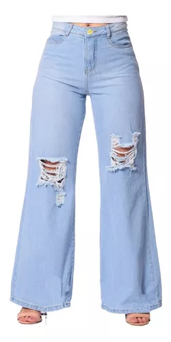 Calça jeans feminina pantalona cintura alta moda rasgada longa - R$ 139.99,  cor Azul #131016, compre agora