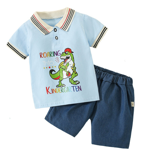 Conjunto De Verano Estampado Dinosaurio Casual Para Bebés Azul Acero 18-24 M
