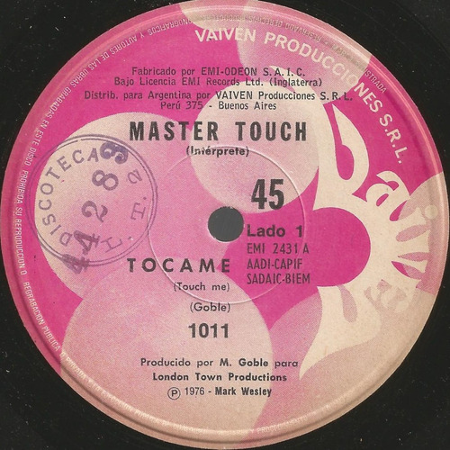 Master Touch - Tocame / Bump Lento - Simple Vinilo Promo