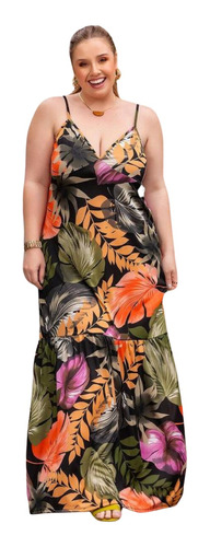 Vestido Longo De Alças Com Babado Plus Size Feminino