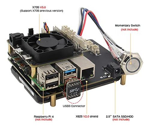 Geekworm Para Raspberry Pi 4, X825 V2.0 Sata Hdd/ssd De 2,5