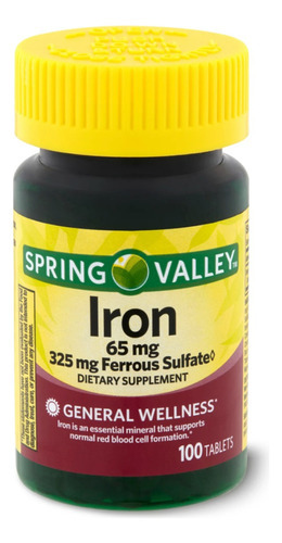 Iron Ferro 65 mg 100 comprimidos 325 mg - Spring Valley, EE. UU., sabor sin sabor