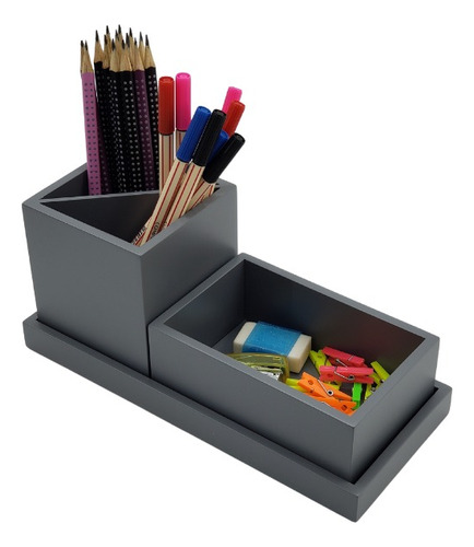 Organizador De Mesa Escritorio Madeira Mdf Laca Cinza Luxo