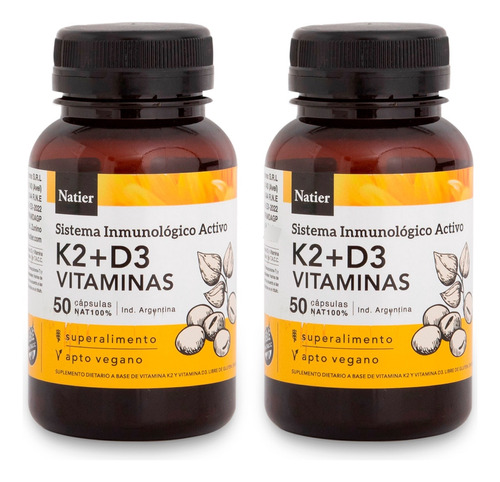 Natier Kit X2 K2 + D3 Suplemento Vegano Vitaminas Huesos 50c Sabor K2 - D3 Vitaminas