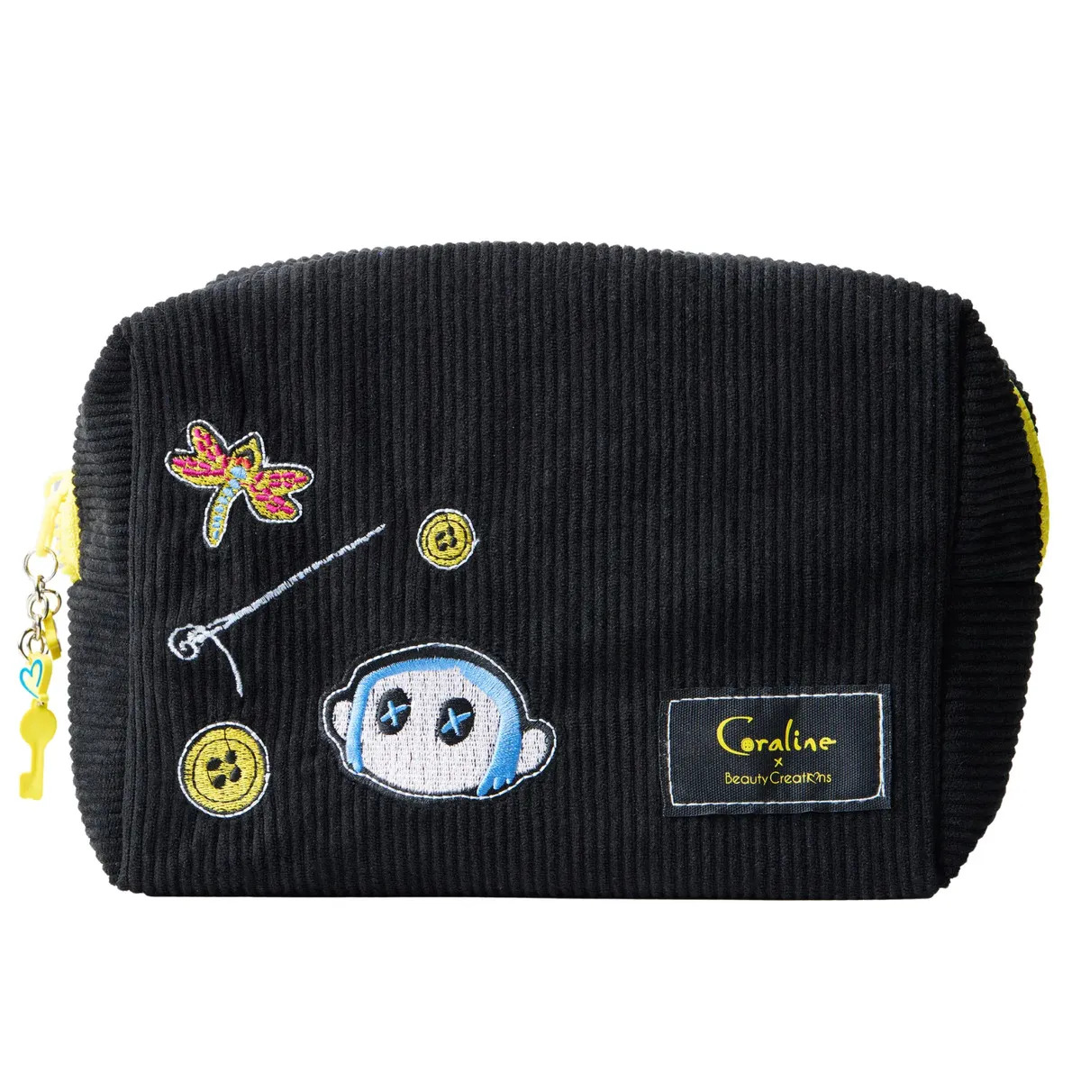 Beauty Creations - Cosmetiquera Coraline Threadful - Bolsa De Pana Con Bordados De Coraline, Charm En Cremallera Y Forro A Cuadros - Negro