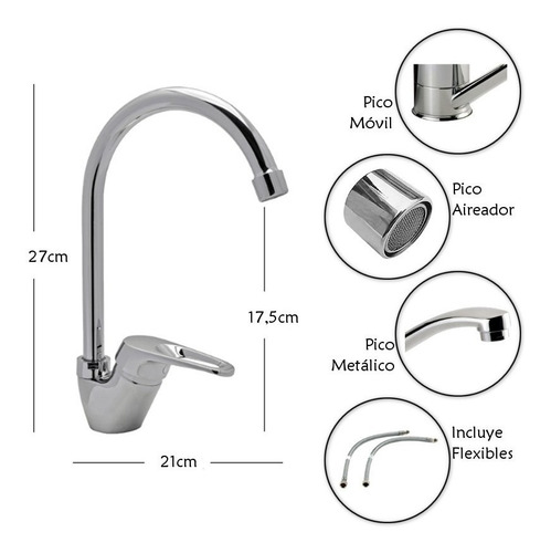 Imagen 2 de 6 de Griferia Monocomando Para Cocina Baño Metal Hydros Shift