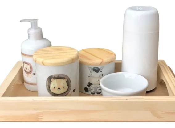 Kit Higiene Bebê Safari 6 Pçs - Peças Porcelana E Pinus