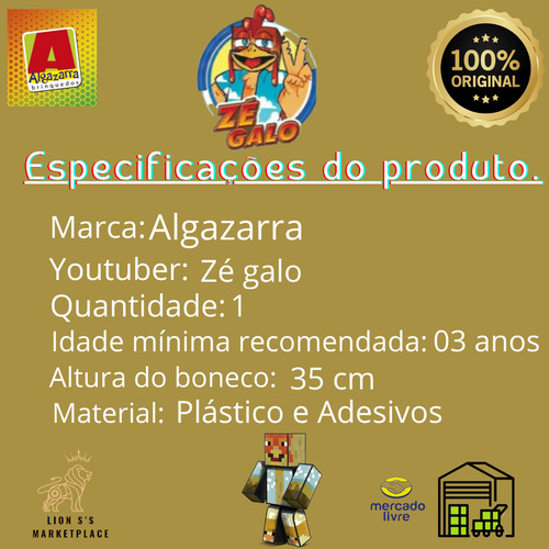 Boneco Minecraft Youtuber Ze Galo 35cm Grande+ 3 Chaveiros