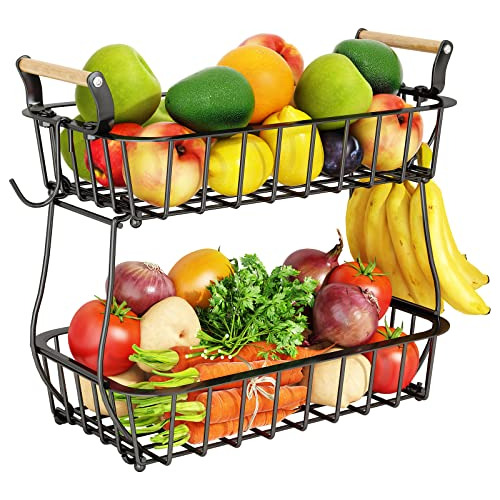 2 Tier Fruit Basket Bowl With 2 Banana Hangers For Kitc...