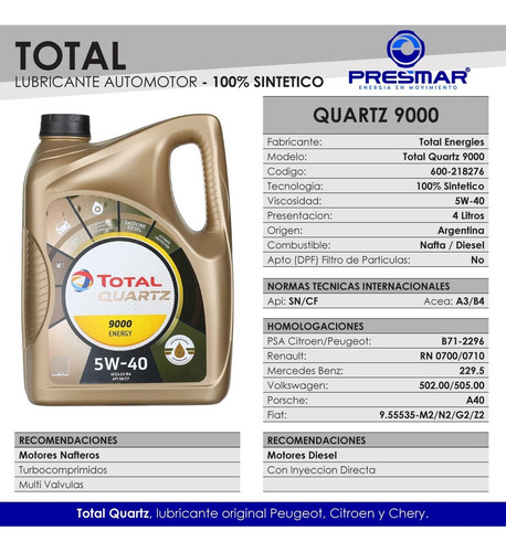 Imagen 2 de 8 de Aceite Para Motor Total Quartz 9000 5w40 Sintetic X 4 Litros