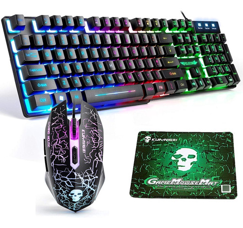 Combo 3 En 1 Teclado Mouse Pad Gamer Luces Led Rgb Cable Usb Mouse Negro Teclado Negro