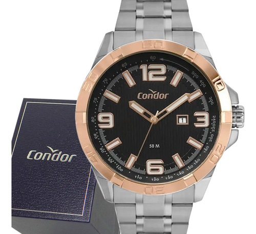 Relógio De Pulso Condor Copc32buk4c Com Corria De Aço Inoxidável Cor Prata - Fondo Preto - Bisel Rosê
