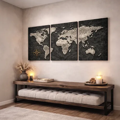 Quadro Decorativo Mapa Mundi Black Moderno Sala Hall 122x60 .