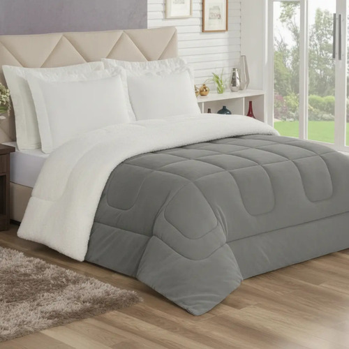 Edredom Sherpa Queen 2,40x2,20m Cobertor E Coberdrom Macio Cor Cinza