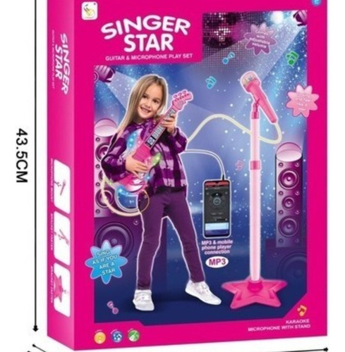 Set Guitarra Microfono Pedestal Juguete Mp3 Luces Rosada