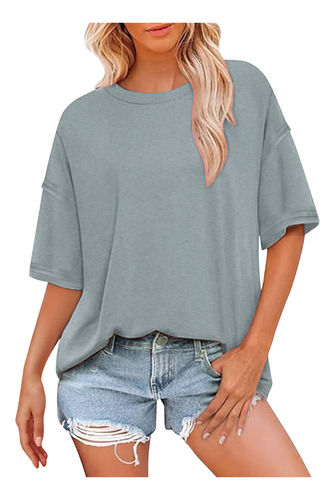 Top Holgado Casual De Manga Corta Con Cuello Liso De Color I
