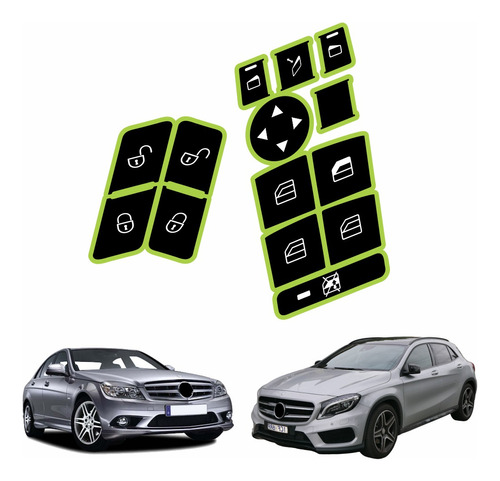 Botões Vidros + Trava Mercedes C180 | C200 - Kit Adesivos