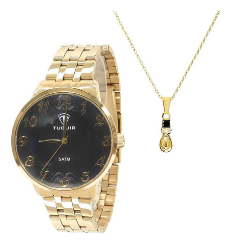 Kit Relógio Feminino Tuguir + Colar W2128tu Tg35064 Dourado Fundo Preto