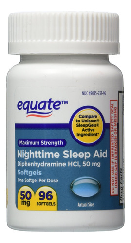 Equate - Sleep Aid 50 Mg, Maxima Fuerza, 96 Capsulas Blandas