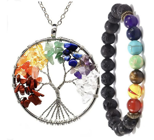Set Pulsera 7 Chakras + Collar Arbol Vida Volcanica Mandala Forma Tradicional