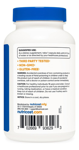 Nutricost Quelato De Hierro 36 Mg 240 Cápsulas Sfn