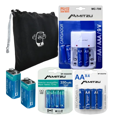 Kit cargador con pilas recargables AA, AAA, 9V, 13 pilas recargables