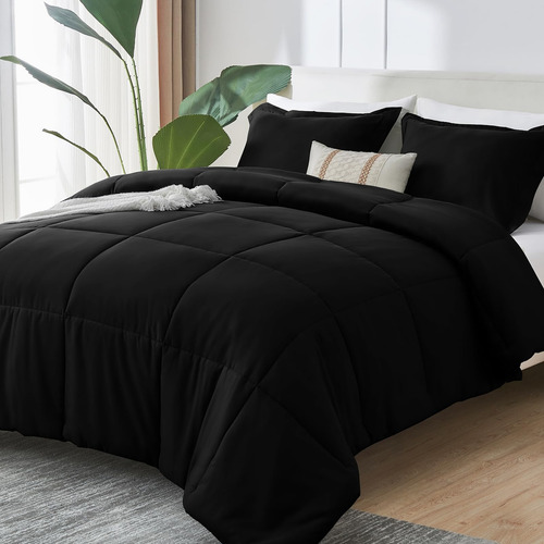 Juego De Edredón Matrimonial Negro Cama 3 Piezas Suaves