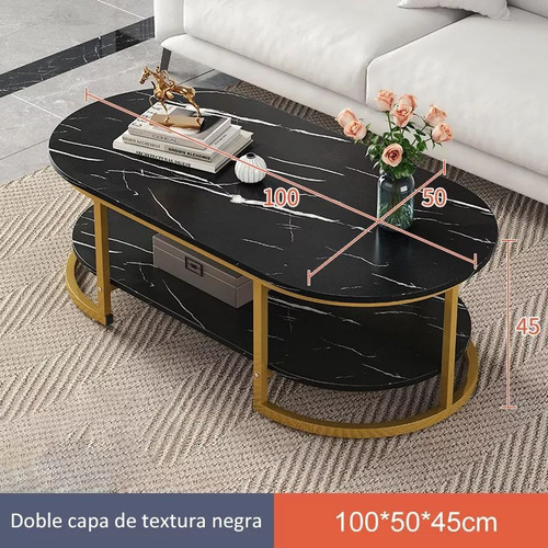 Mesa De Centro Moderno Veteado Doble Capa De Mármol Auxiliar Negro
