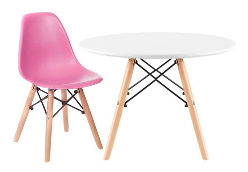 Kit Mesa Eames Infantil  E 1 Cadeira  Eames Junior Cor da tampa Mesa branco com cadeiras rosa